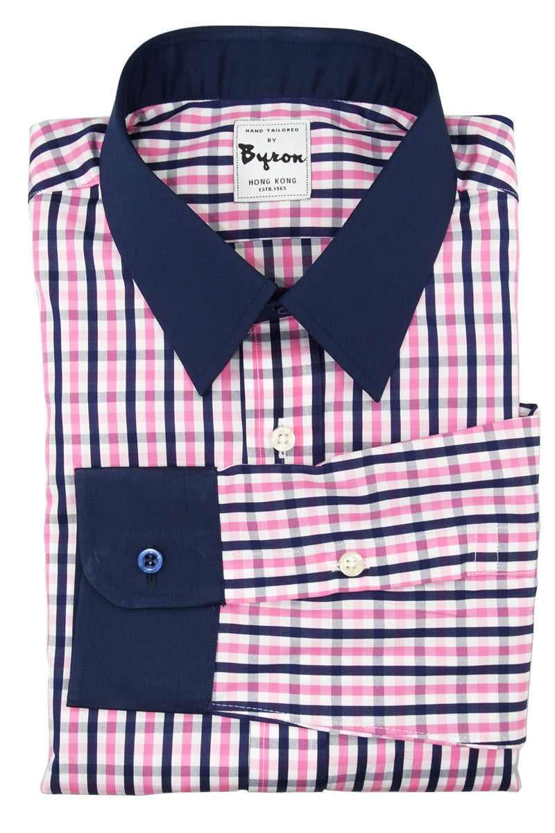Blue and Light Pink Check shirt with Dark Blue Forward Point Collar and Rounded Cuff