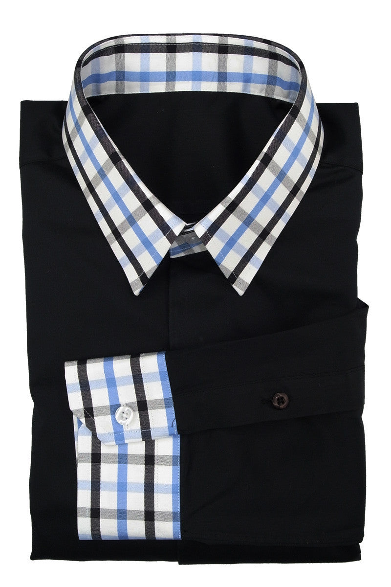 Solid Black Shirt with Blue Black Check Collar and Cuff