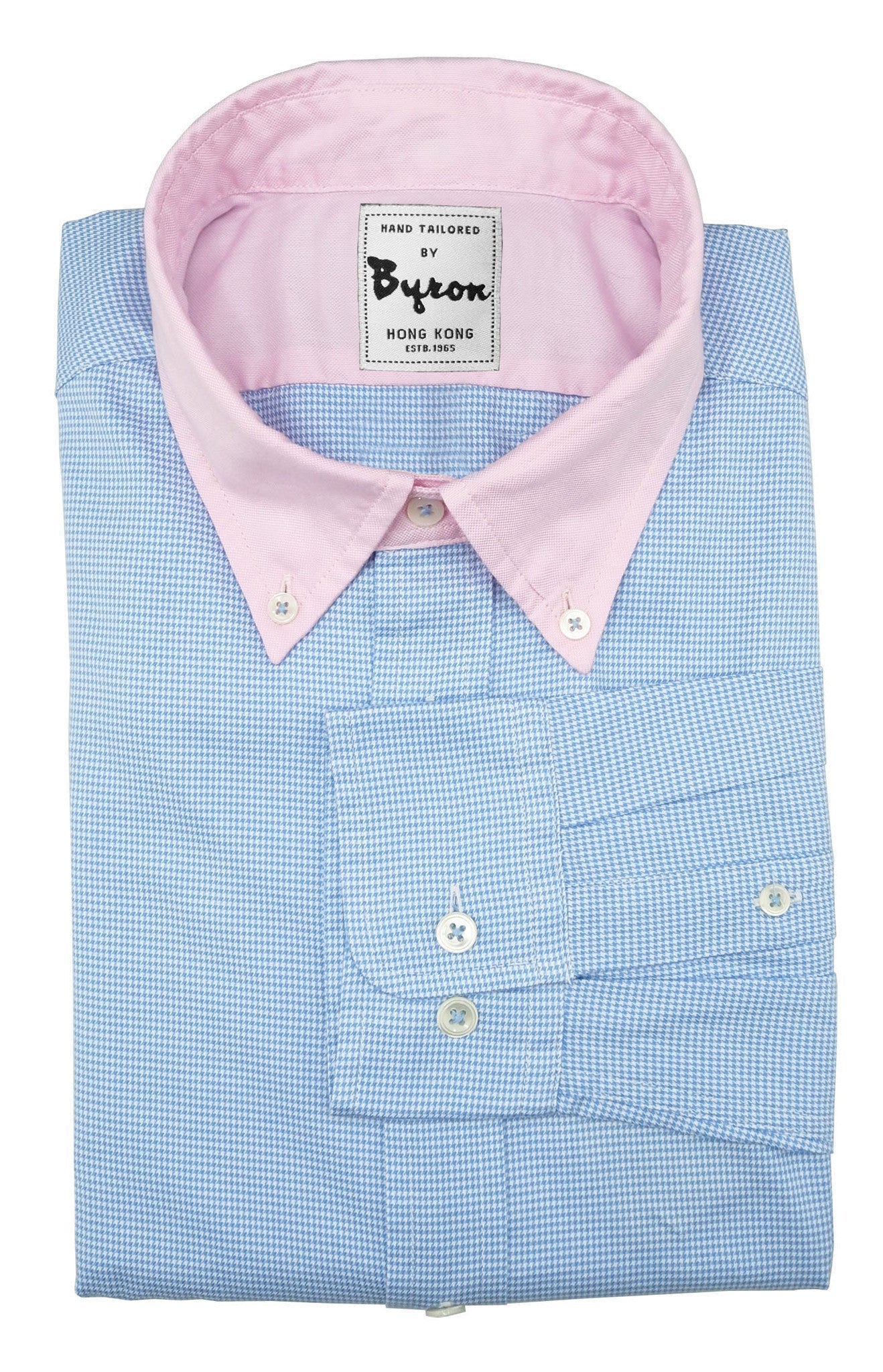 Baby Blue Micro Check Shirt with Pink Button Down Collar and Trim