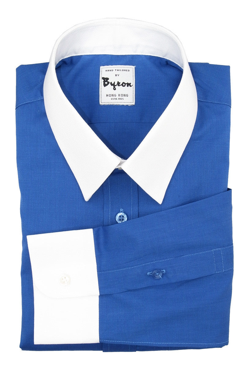 Blue Chambray Cotton Shirt with White Forward Point Collar, Standard Cuff
