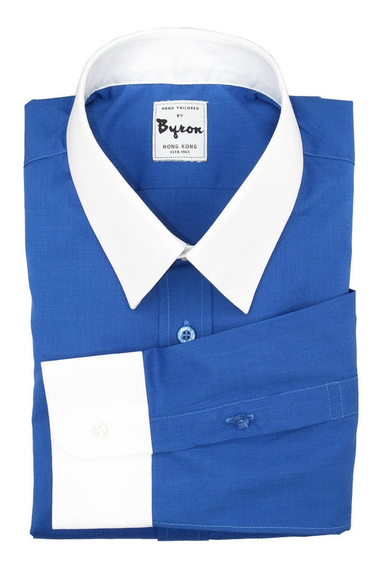 Blue Chambray Cotton Shirt with White Forward Point Collar, Standard Cuff