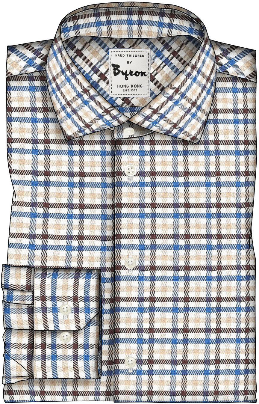 Brown Navy & Beige Check, English Wide Spread Collar, Angled Cuff