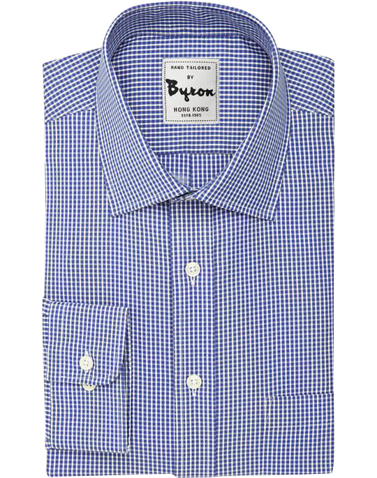 Cobalt Blue Micro Check Shirt, Medium Spread Collar, Angled Cuff
