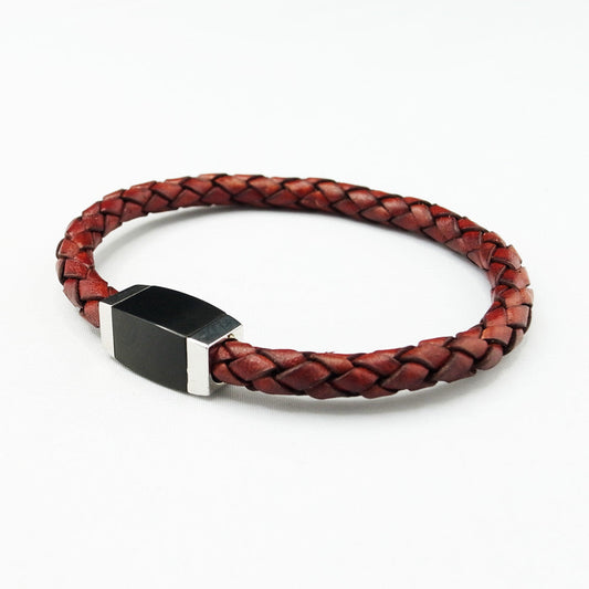 Italian Leather Bracelet with Silver and Black Agate and Silver Clasp