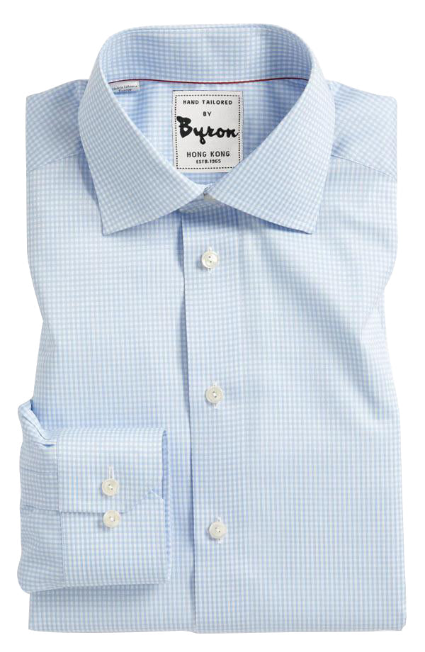 Light Blue Gingham Check Shirt, English Spread Collar, Rounded Cuff