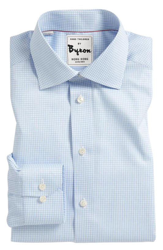 Light Blue Gingham Check Shirt, English Spread Collar, Rounded Cuff