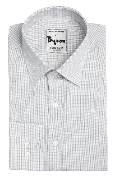 Light Grey Micro Herringbone Check Shirt, Medium Point Collar, Angled Cuff